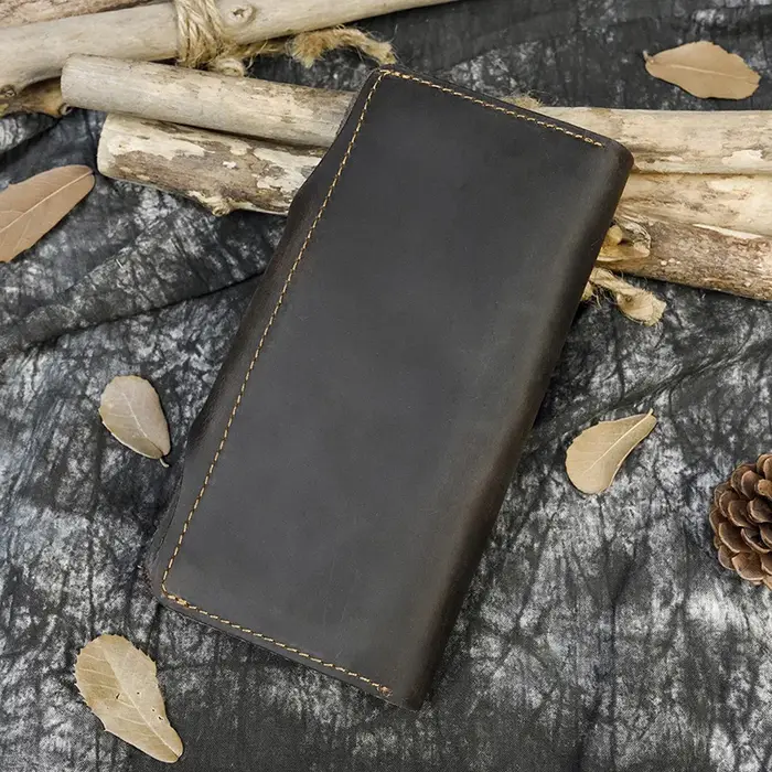 Portefeuille Long en Cuir de Cheval pour Homme, Pochette à Trois Volets, Marron, avec Poche pour Téléphone et Monnaie