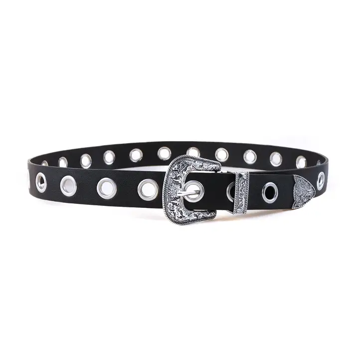 Ceinture en cuir large pour hommes et femmes, style punk rétro, boucle embossée, trou rond, sans per