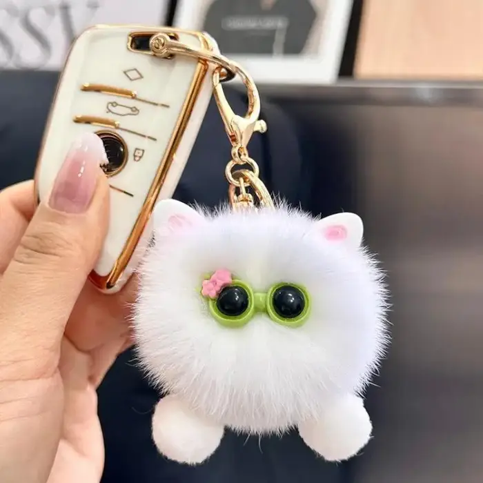 Porte-clés en peluche chaton blanc Kawaii avec lunettes, pour sac et voiture
