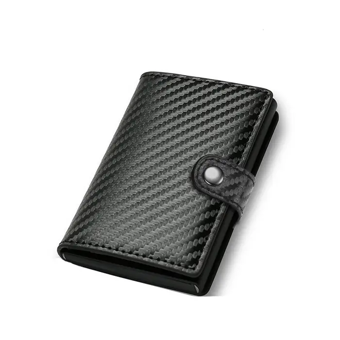 Portefeuille porte-cartes en fibre de carbone pour homme, RFID intelligent, fin, minimaliste, avec système pop-up, petit portefeuille noir en métal