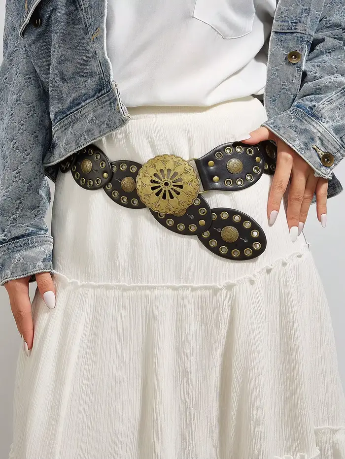 Hershine Ceinture patchwork vintage 1 pièce pour femme avec boucle ajourée en bronze