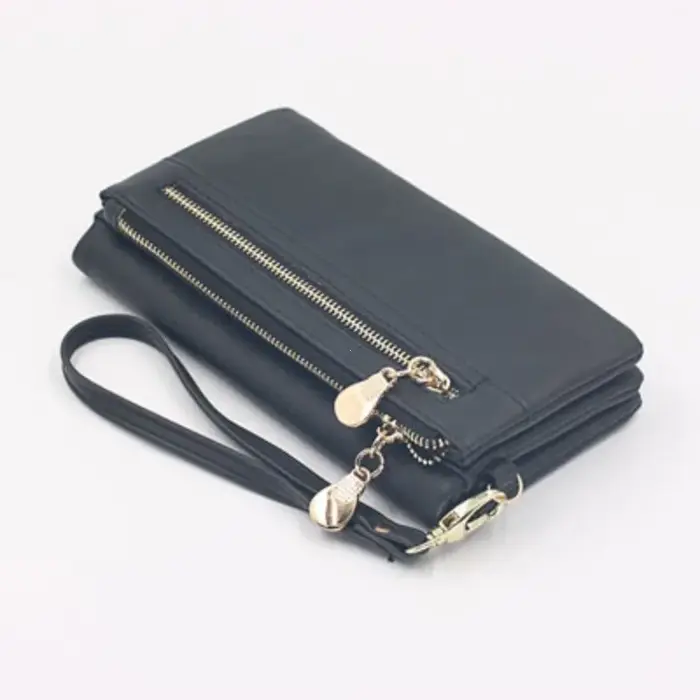 Portefeuille en cuir de grande capacité pour femme, portefeuille multi-poches, double fermeture écla