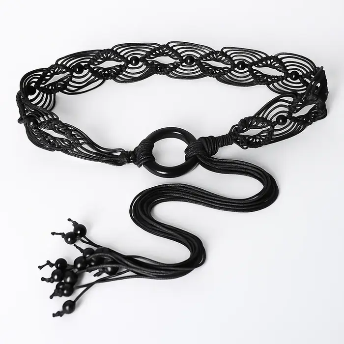 Ceinture tressée rétro pour femme, style bohème, large, ajustable, à nouer, pour robe