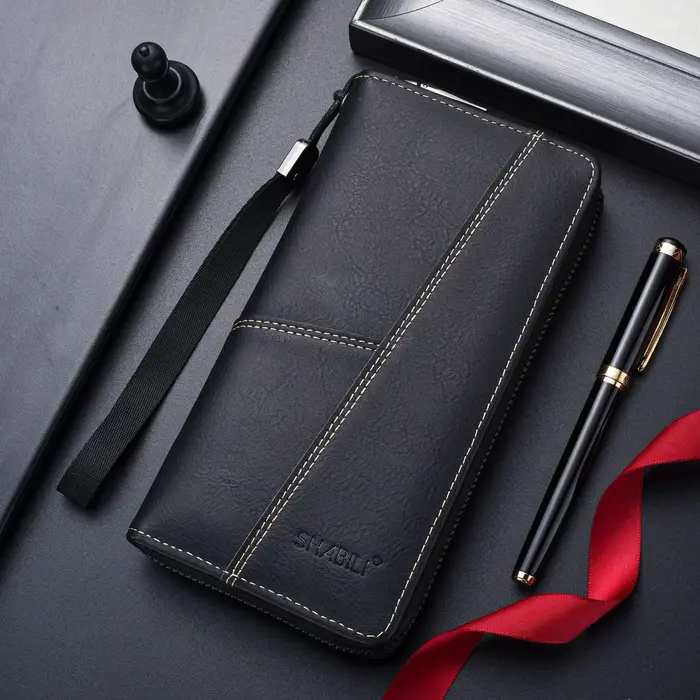 Portefeuille long en cuir pour hommes – Conception à fermeture éclair fine avec une capacité élevée,