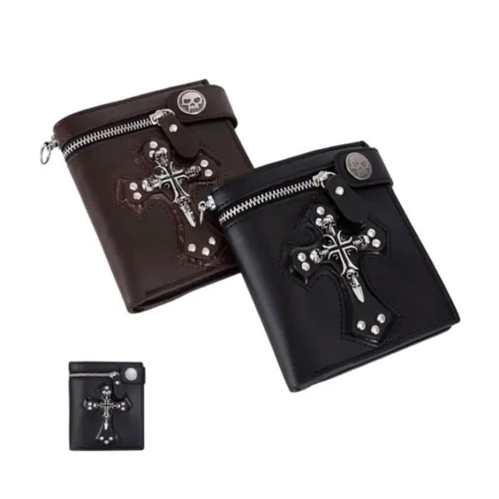 Portefeuille en cuir PU pour hommes pliable Rivet rétro Biker