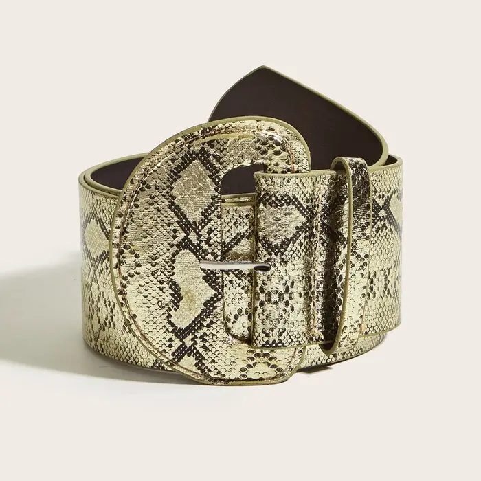 Ceinture large en cuir imprimé python doré avec grande boucle pour femme