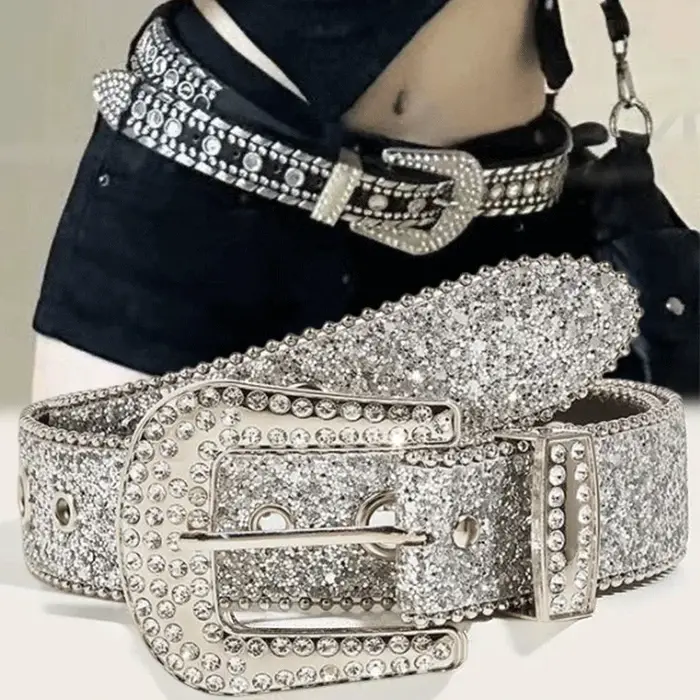 Y2K – ceinture en cuir PU pour femmes, imprimé solide, clouté, strass complets, cristal scintillant,