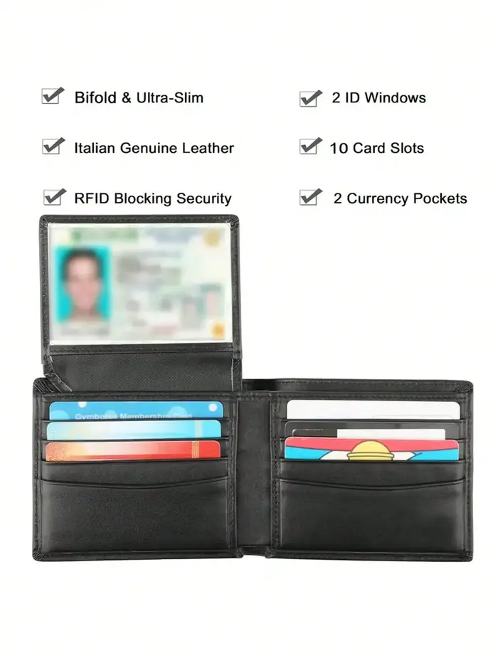 Portefeuille élégant à deux volets en cuir de vache pour hommes - Blocage RFID et 2 fenêtres d'identification - Noir