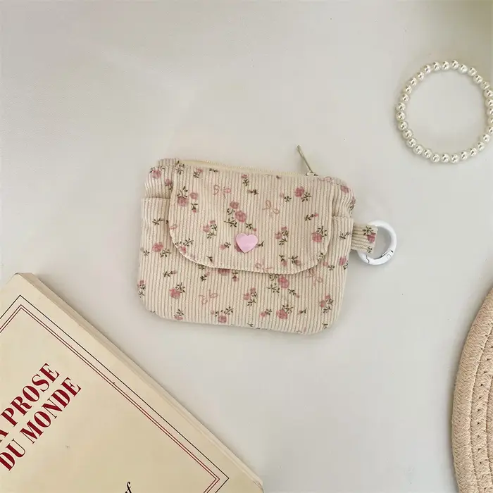 Sac à cartes imprimé en velours côtelé, porte-monnaie à fermeture éclair avec porte-clés, mignon pou