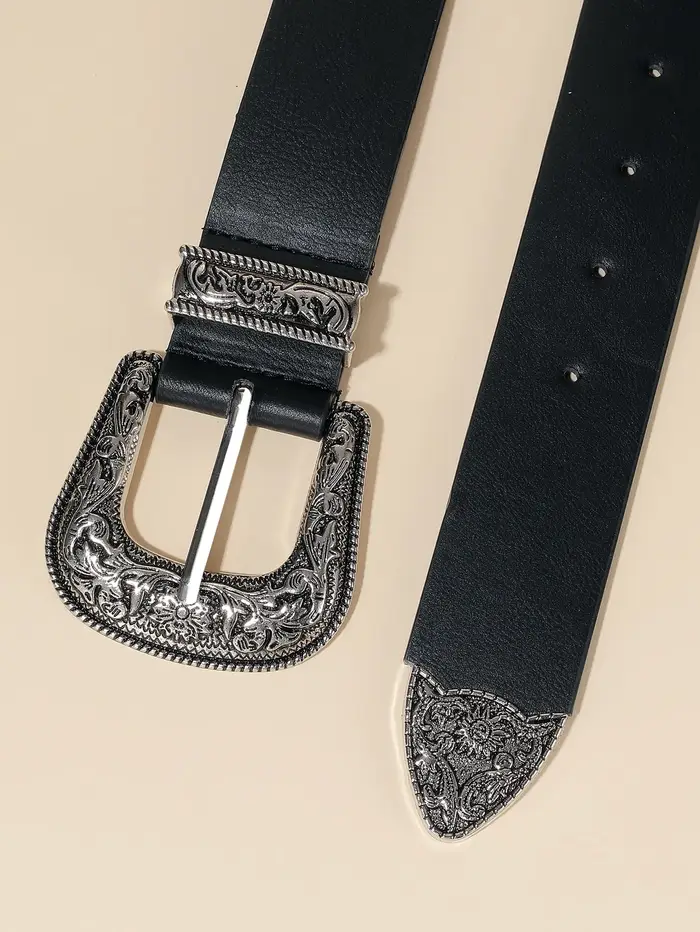 Ceinture en cuir noir à boucle florale argentée vintage pour femme