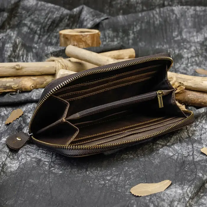 Luufan Crazy Horse portefeuille en cuir hommes pochette sac à main Double fermeture éclair 24 porte-