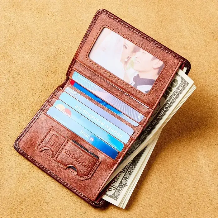 Portefeuille en cuir véritable Pour hommes deux sacs à main pliants RFID porte-cartes