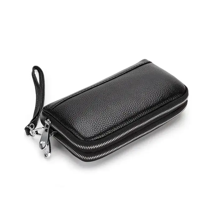 Femmes Long portefeuille en cuir véritable bracelet pochette sac à main 2 couches fermeture éclair portefeuilles