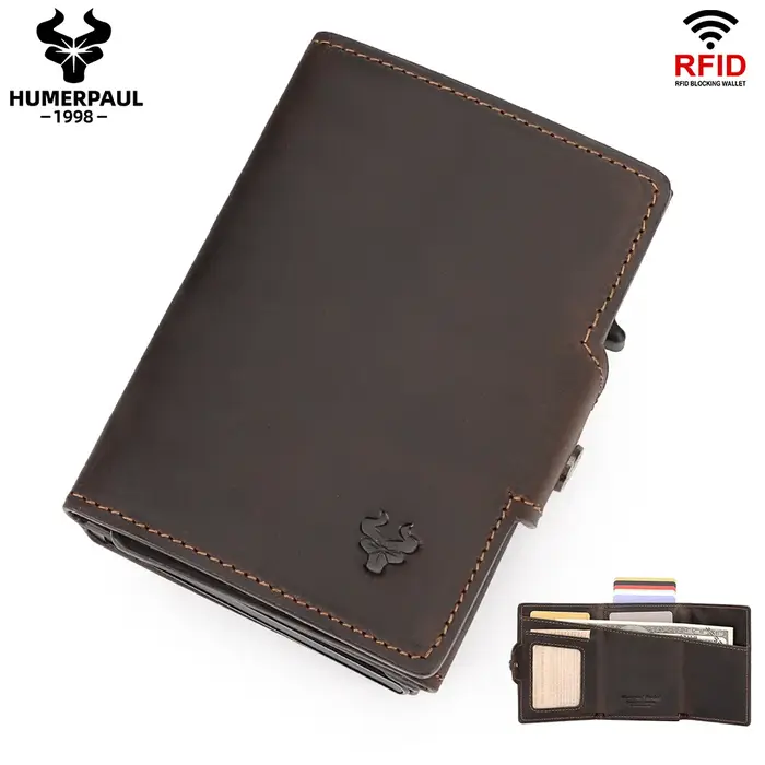 Portefeuille porte-cartes de crédit RFID anti-scan, portefeuille pliable en cuir pleine fleur pour h