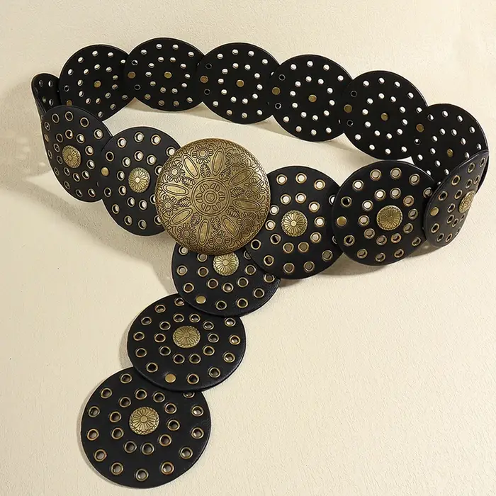 Ceinture en denim évidée pour femme, style occidental, disque large exagéré, rétro, douce et durable
