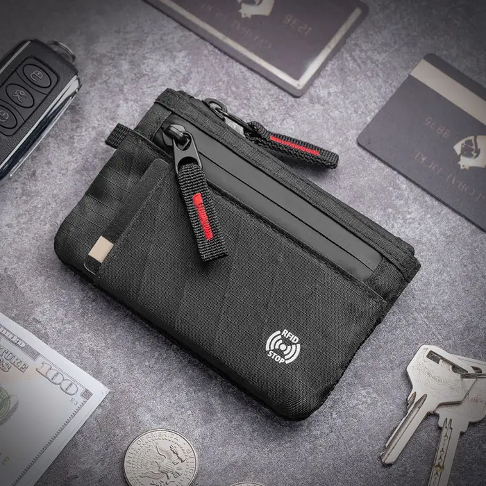 Portefeuille ultra-fin anti-vol RFID tendance Edc | Porte-monnaie unisexe à fermeture éclair | Porte-cartes de crédit