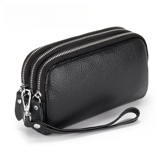 Femmes Long portefeuille en cuir véritable 3 couches fermeture éclair sac à main grande capacité bracelet pochette