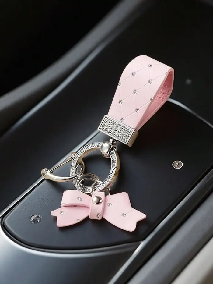 Porte-clés de luxe avec nœud en strass – Porte-clés de voiture en cuir pour femme, cadeau parfait po