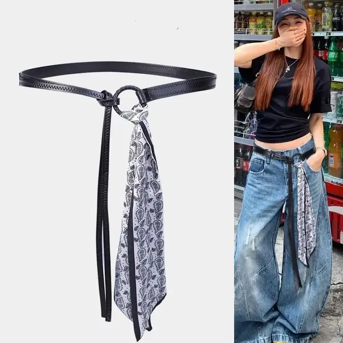 Ceinture de taille pour femmes en cuir PU rétro, style punk et bohème Y2K, avec foulard en soie, ten