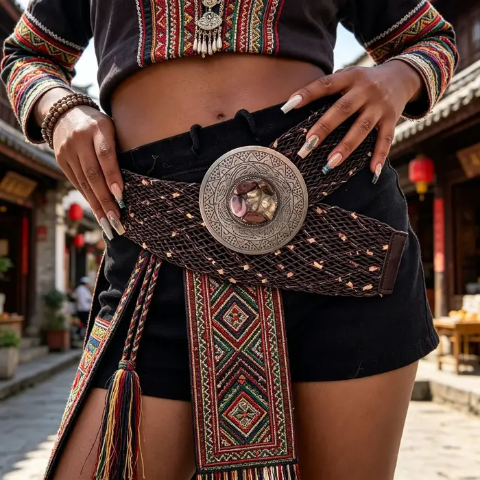 Ceinture large tressée bohème avec boucle métallique ronde sculptée, élastique, style ethnique, pour