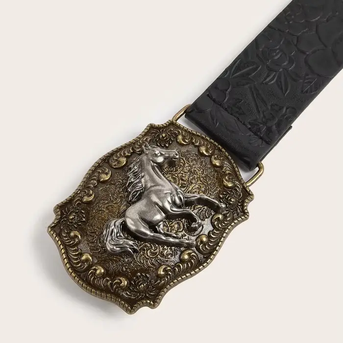 Ceinture en PU à motif de pivoine, boucle tête de cheval neutre, à la mode