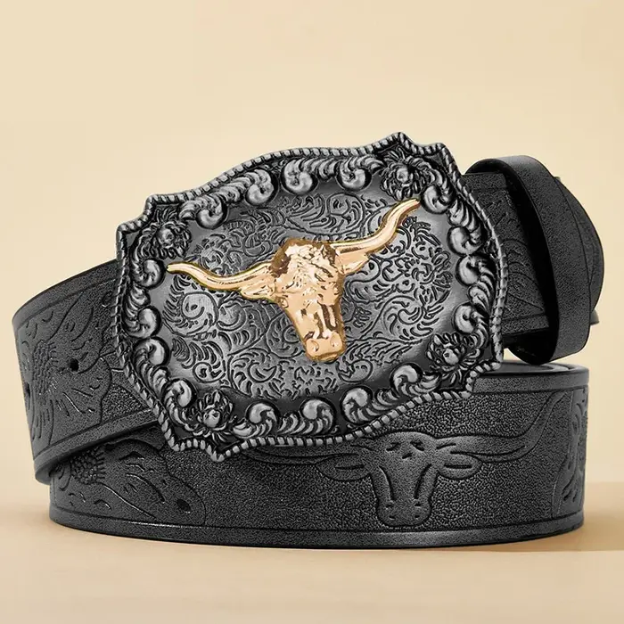 Ceinture de cowboy western pour homme, en similicuir noir avec motif gaufré, boucle en alliage éléga