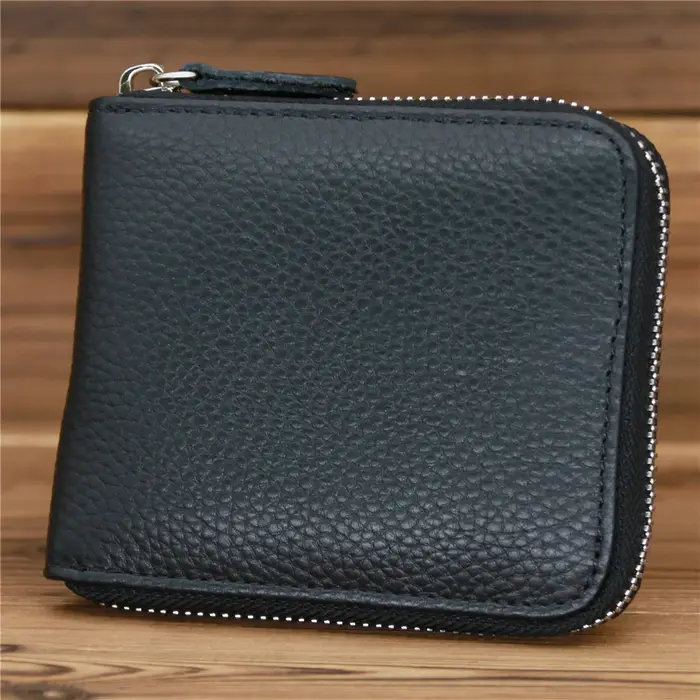 Portefeuille en cuir véritable à fermeture éclair pour hommes, porte-monnaie court, porte-carte de c