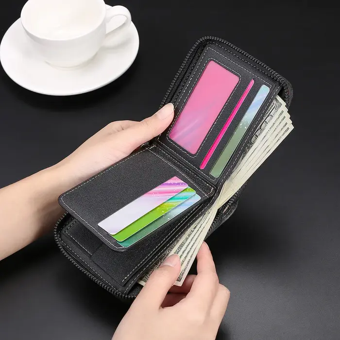 Portefeuille à fermeture éclair pour hommes avec nom gravé personnalisé - Style court avec porte-monnaie porte-carte de