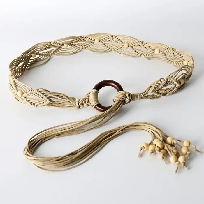Ceinture tressée rétro pour femme, style bohème, large, ajustable, à nouer, pour robe