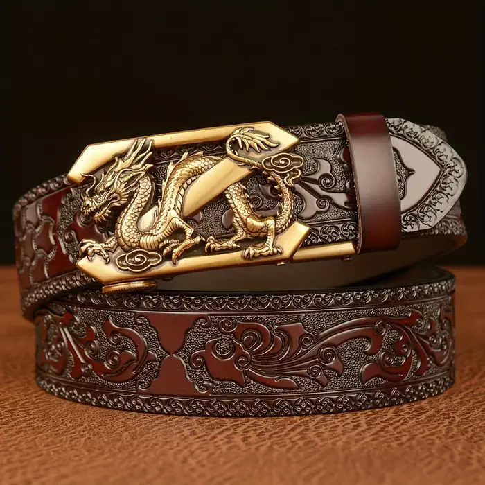 Ceinture à boucle automatique Vintage pour hommes en cuir véritable avec Dragon doré et motif en relief Floral ceinture décontractée noire pour jean