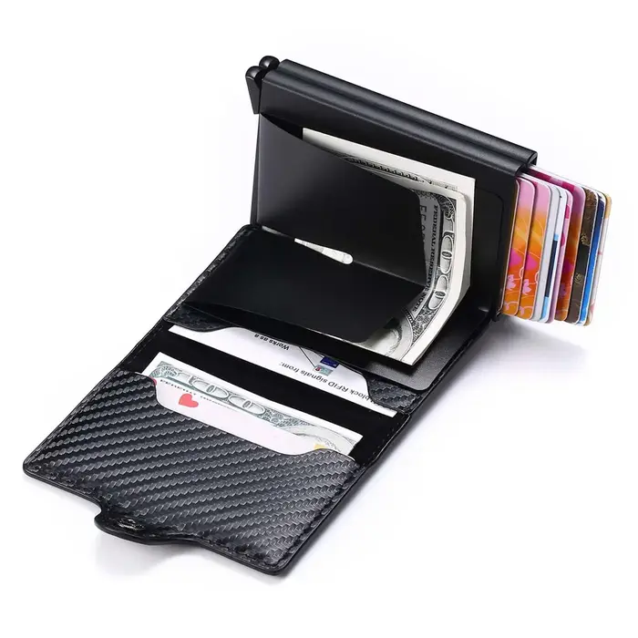 Gravure nom fibre de carbone Mini portefeuille Pop Up cadeau personnalisé carte Rfid haute qualité hommes portefeuilles 12 porte-cartes petit sac d'argent