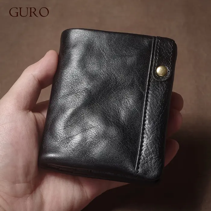 GURO rétro en cuir véritable court portefeuille hommes et femmes à deux volets pince à billets porte-carte de crédit avec fermeture éclair poche pour monnaie petit sac à main