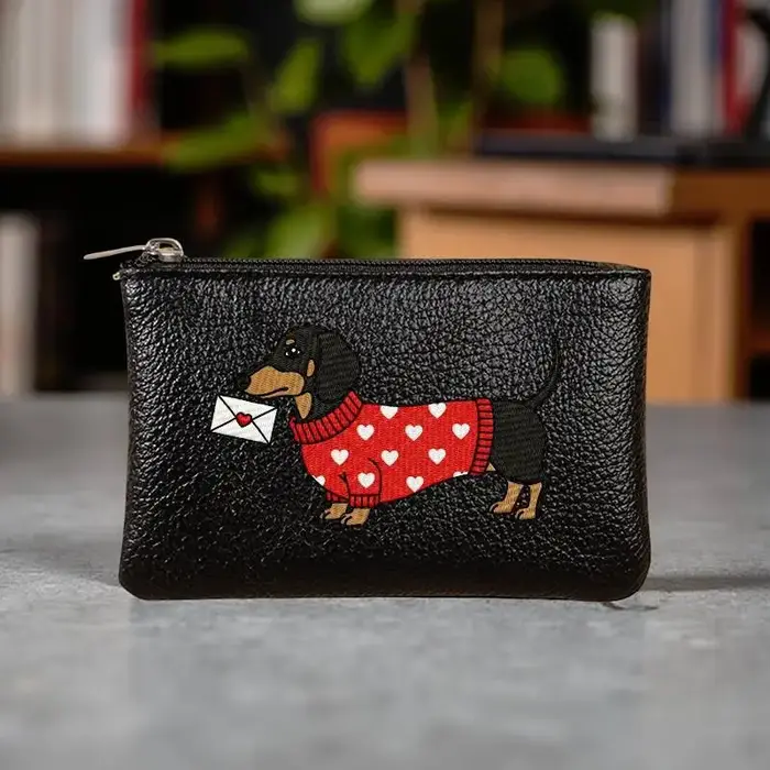 Porte-monnaie en cuir PU avec fermeture éclair, motif chien teckel de dessin animé, porte-cartes mig
