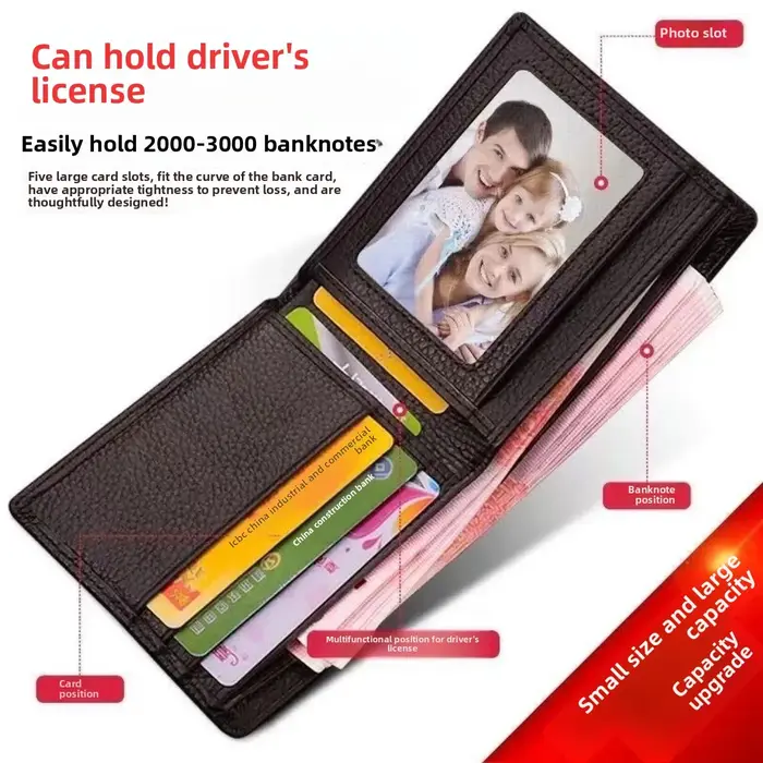 Portefeuille court horizontal pour hommes avec permis de conduire et plusieurs emplacements pour cartes en cuir de qualité à la mode pour les étudiants et les jeunes