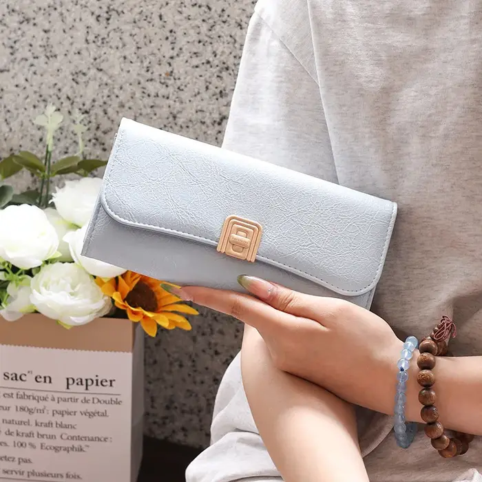 Nouveau Portefeuille Long Femme 2026 en Cuir PU de Haute Qualité, Couleur Unie, avec Boucle, Pliable