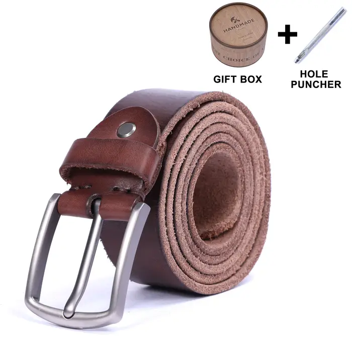Ceinture en cuir de vachette véritable rétro décontractée pour homme avec boucle à ardillon et boîte cadeau, ceinture pour étudiant, ceinture classique simple