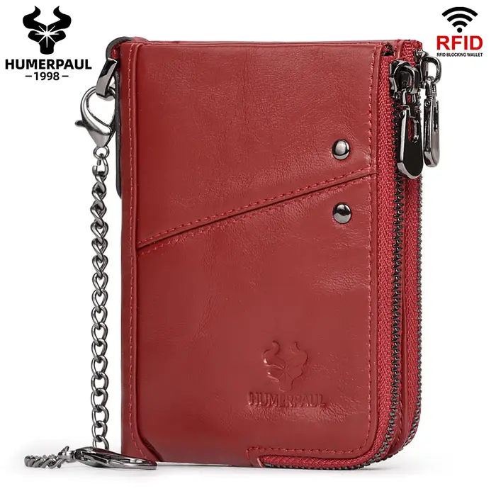 HUMERPAUL classique portefeuille pour hommes femmes en cuir véritable multi fente cartes de crédit étui sac à main antivol mâle chaîne Portomonee