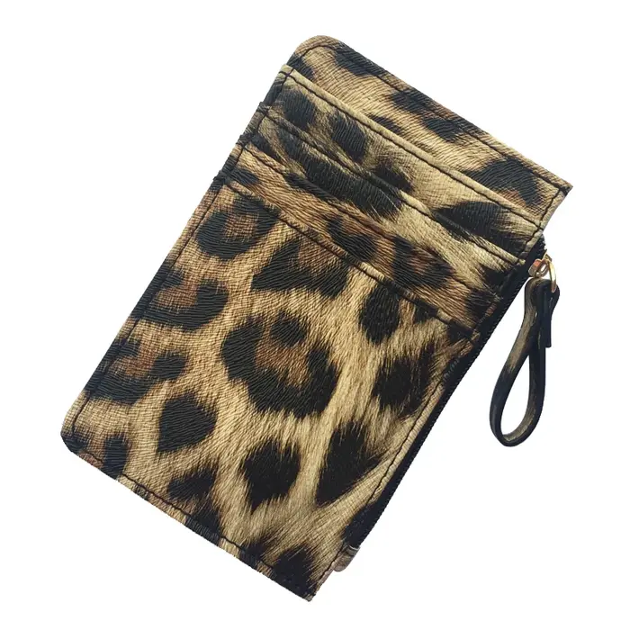 Nouveau portefeuille de cartes mince en cuir motif léopard pour femmes et hommes petit porte-monnaie à fermeture éclair sac porte-carte de crédit d'affaires beaux cadeaux