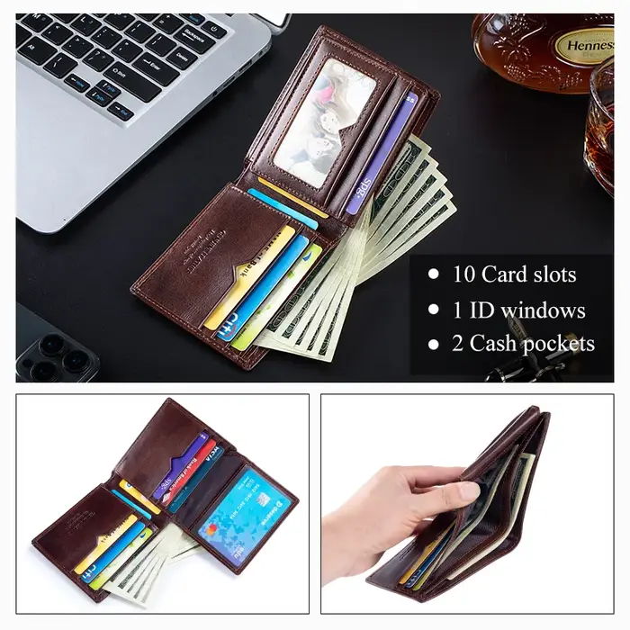Portefeuille en cuir véritable pour hommes 9 cartes