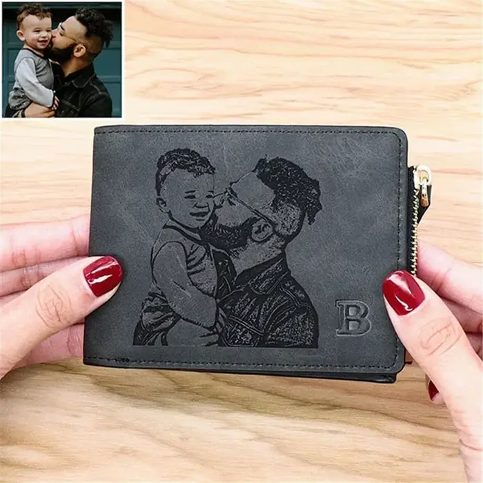 Portefeuille photo personnalisé pour hommes, image et texte gravés, cadeau de fête des pères, poche pour pièces de monnaie à fermeture éclair | Meilleur cadeau de Noël pour mari/pai