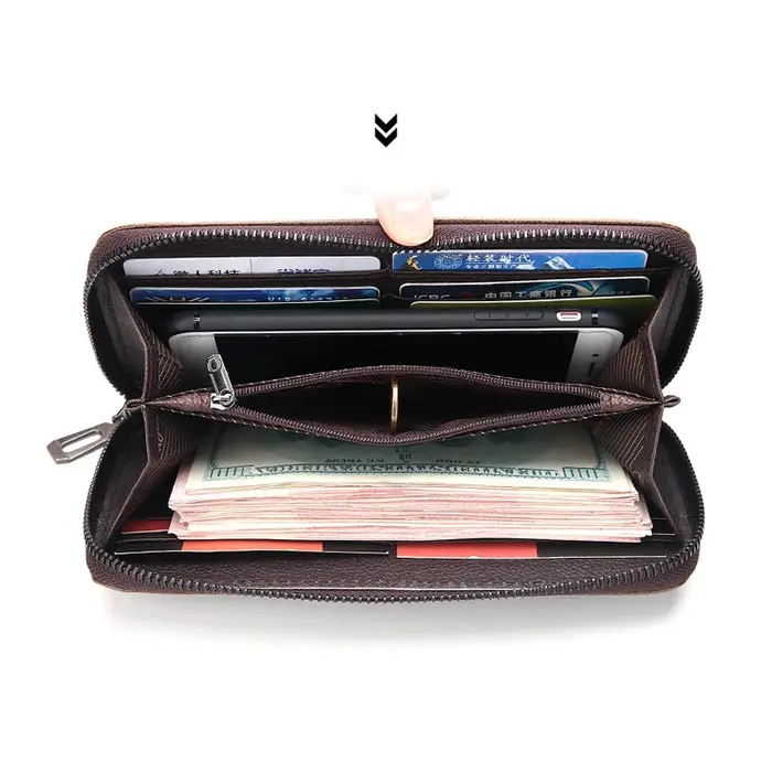 Portefeuille long en cuir pour hommes – Porte-monnaie intelligent de marque avec porte-carte de crédit