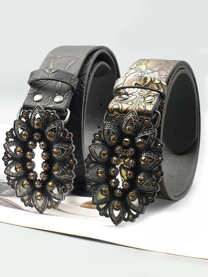 Ceinture élégante rétro incrustée de strass noir pour femmes