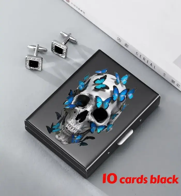 Portefeuille porte-cartes en acier inoxydable avec imprimé crâne, pour homme et femme, design élégan