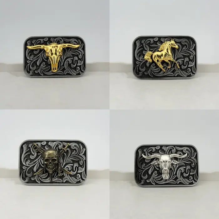 1 pièce Boucle de ceinture carrée grande taille en argent antique vintage avec motif amusant tête d'animal cheval