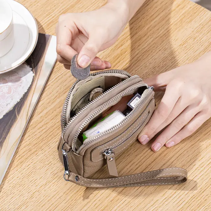 Nouveaux portefeuilles pour femmes en cuir véritable Double fermeture éclair sacs à main multifonctionnel grande capacité sac à monnaie petits porte-cartes de poignet