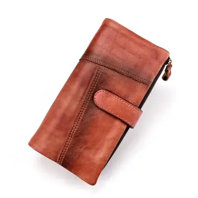Luufan-Portefeuille long en cuir véritable vintage pour hommes et femmes
