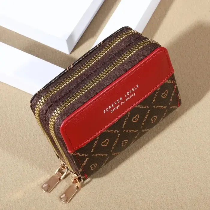 Mini portefeuille en similicuir avec double fermeture éclair, pochette classique compacte, fentes po