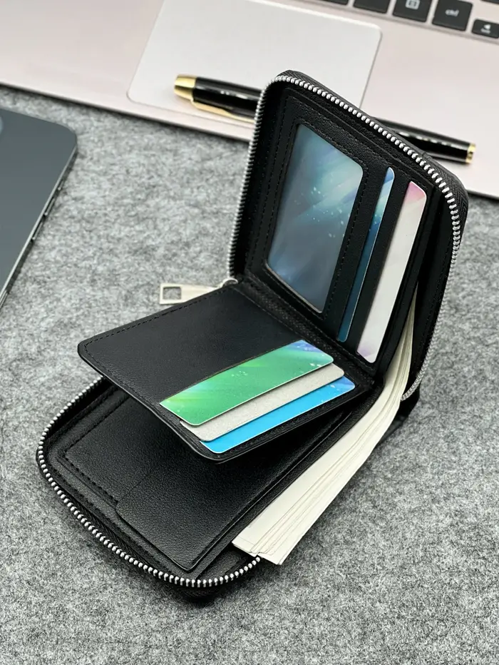 Portefeuille en PU pour hommes mince à fermeture éclair – Taille compacte pour pièces de monnaie et cartes – Design professionnel