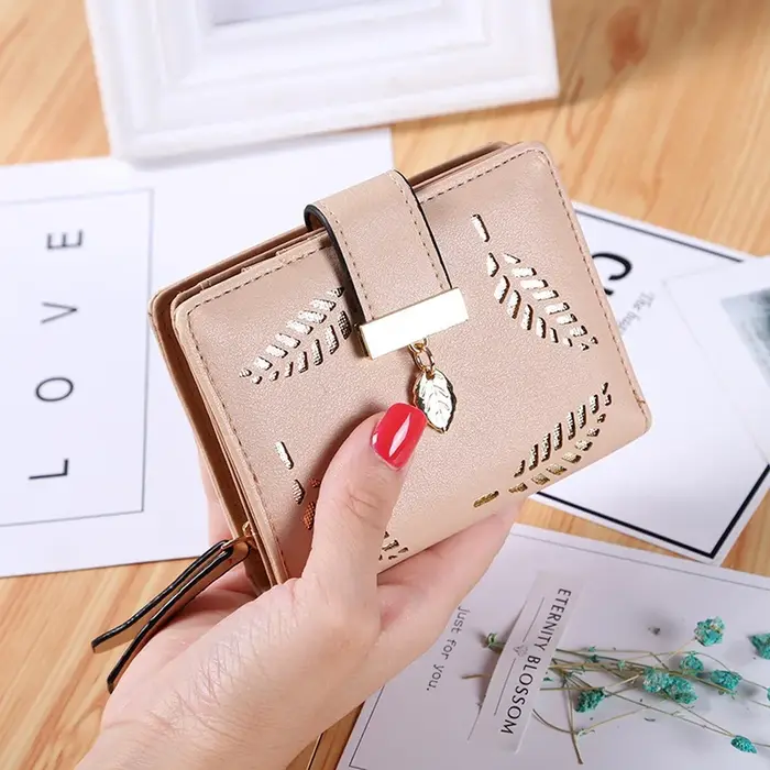 Porte-monnaie écologique à motif de feuilles creuses, portefeuille court pour femme, portefeuille compact à double rabat avec fermeture éclair pour usage au bureau