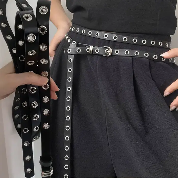 Ceinture Vintage américaine pour femmes, nouvelle chaîne à Double boucle, Rivet, boucle à œillets, ceinture en cuir Punk PU, Rock Unique, 2025